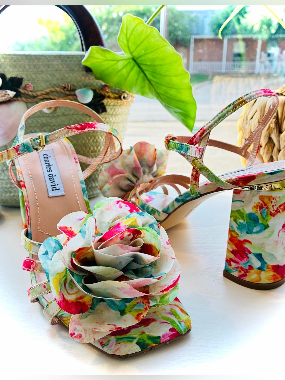 Charles David Multicolor Floral Rosette Block Heel Sandals